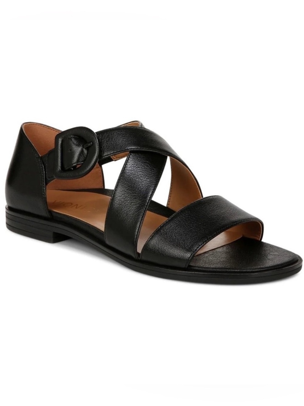 Vionic Pacifica Black Leather Flat Nuckle Sandals Size 9